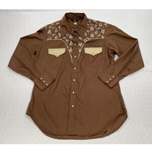 Vintage Sears Western Snap Button Shirt Brown Embroidered Cowboy Men's Large